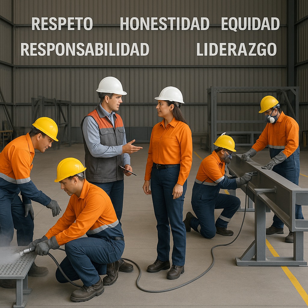 Equipo profesional de Tomcar Contratistas demostrando los valores corporativos de respeto, honestidad, responsabilidad, equidad, integridad y liderazgo en ambiente industrial