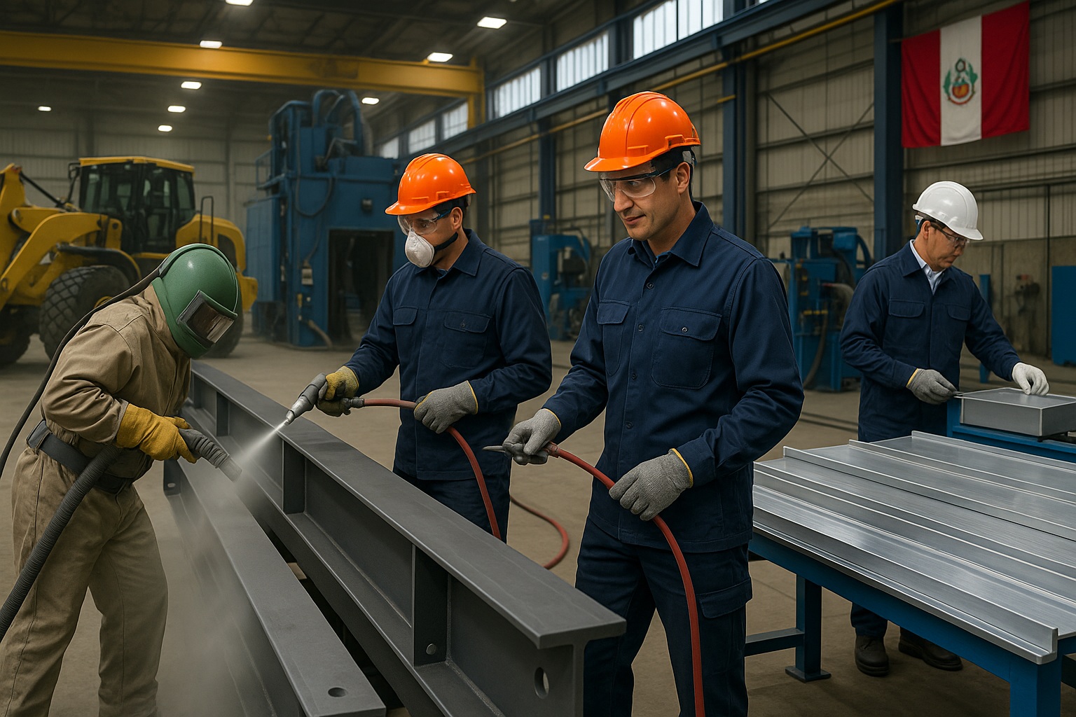 Trabajadores profesionales de Tomcar Contratistas realizando servicios de granallado y revestimiento en estructuras metálicas con equipos de última tecnología en instalaciones industriales modernas